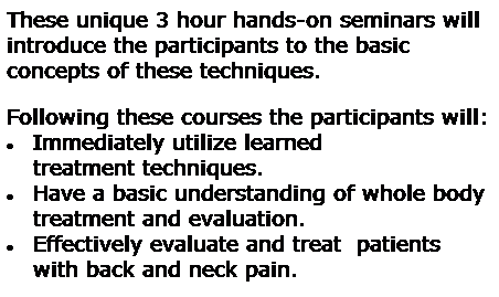 Text Box: These unique 3 hour hands-on seminars will 
introduce the participants to the basic concepts of these techniques.&nbsp;&nbsp; 

Following these courses the participants will:
�Immediately utilize learned treatment&nbsp;techniques.&nbsp; 
�&nbsp;Have a basic understanding of whole body treatment and evaluation.
�&nbsp;Effectively evaluate and treat&nbsp; patients with back and neck pain.

